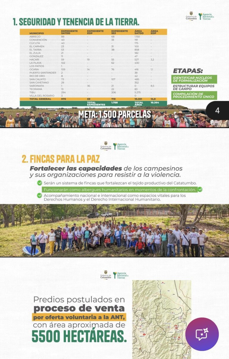 CON EL «PLAN CATATUMBO», LA AGENCIA NACIONAL DE TIERRAS BUSCA GARANTIZAR EL RETORNO DE LOS CAMPESINOS A LA REGIÓN