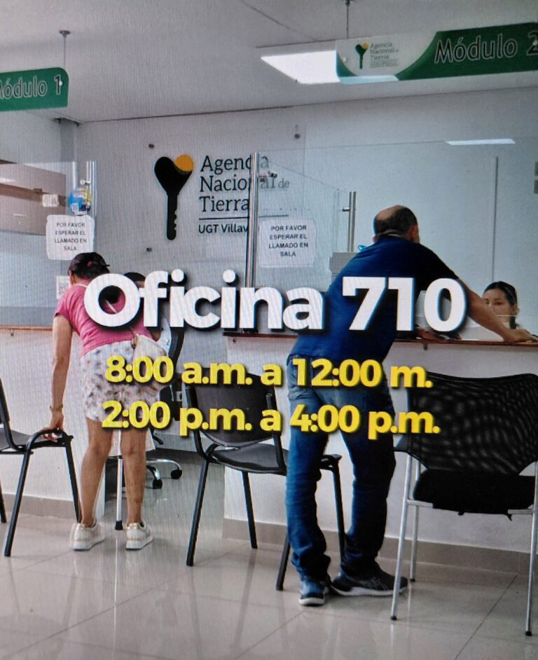 La oficina de la Agencia Nacional de Tierras en Villavicencio recordando que todos los trámites son gratuitos y se realizan de manera directa con la entidad